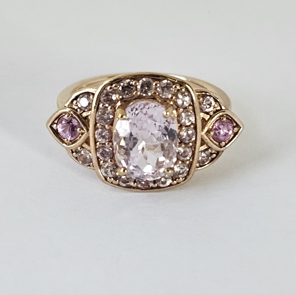 Natural Kunzite & Pink Sapphire Ring Sterling Silver 18K Rose Gold Overlay. Sz 7